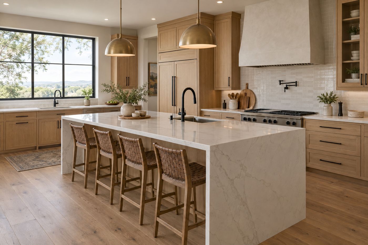 A remodeled kitchen with white oak cabinets and a waterfall island